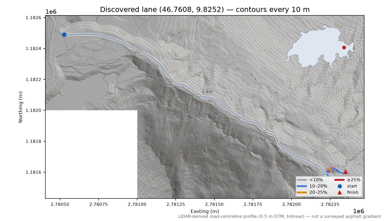 Discovered lane (46.7608, 9.8252) LiDAR hillshade map with contours