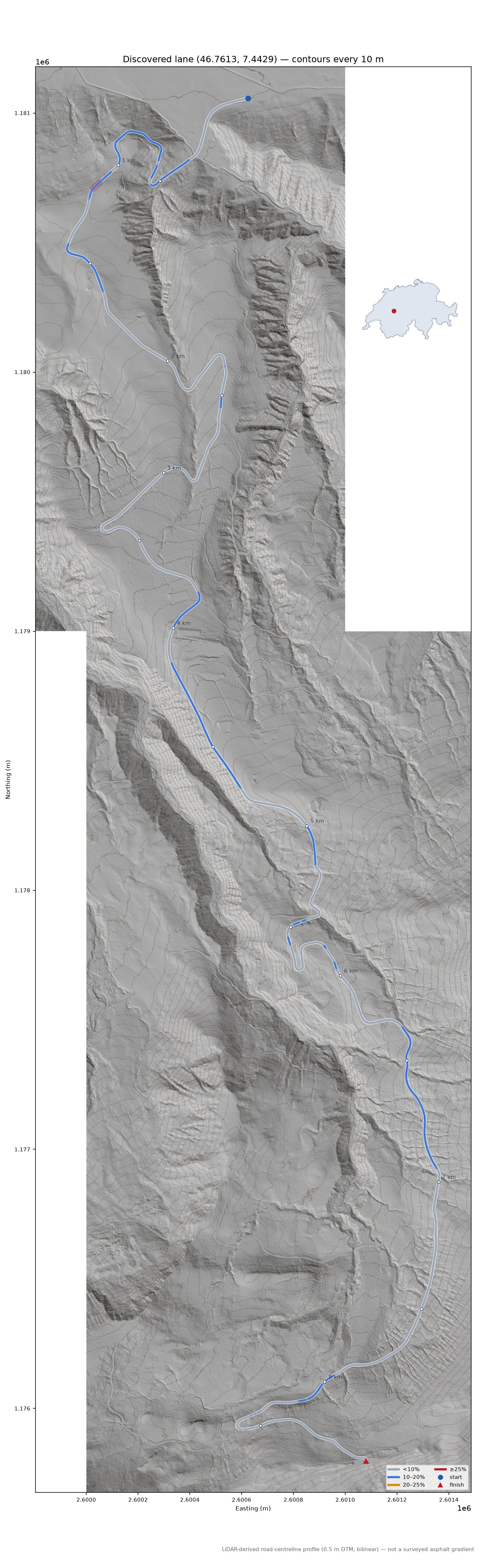 Discovered lane (46.7613, 7.4429) LiDAR hillshade map with contours
