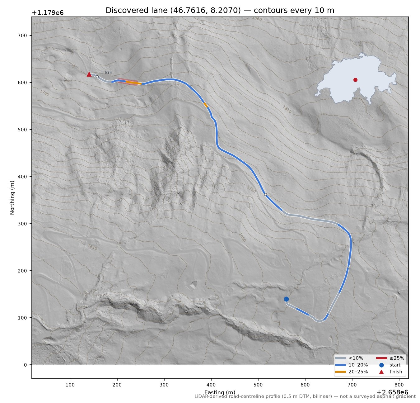 Discovered lane (46.7616, 8.2070) LiDAR hillshade map with contours