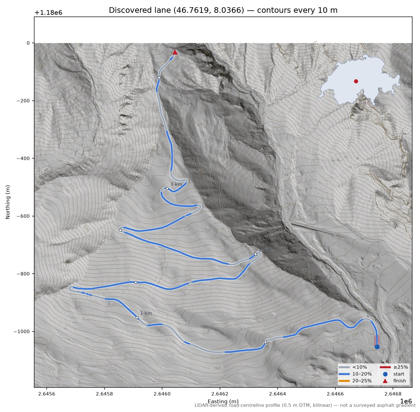 Discovered lane (46.7619, 8.0366) LiDAR hillshade map with contours