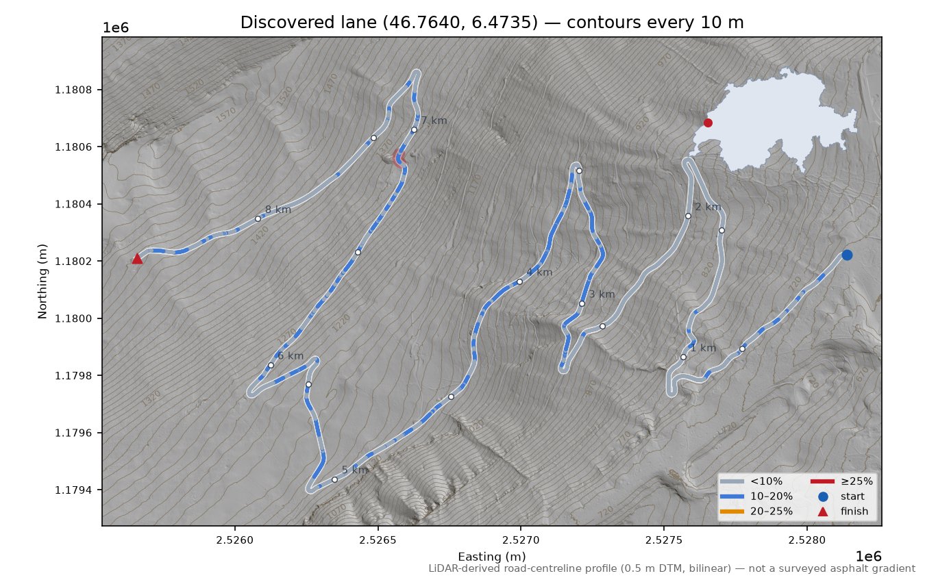 Discovered lane (46.7640, 6.4735) LiDAR hillshade map with contours