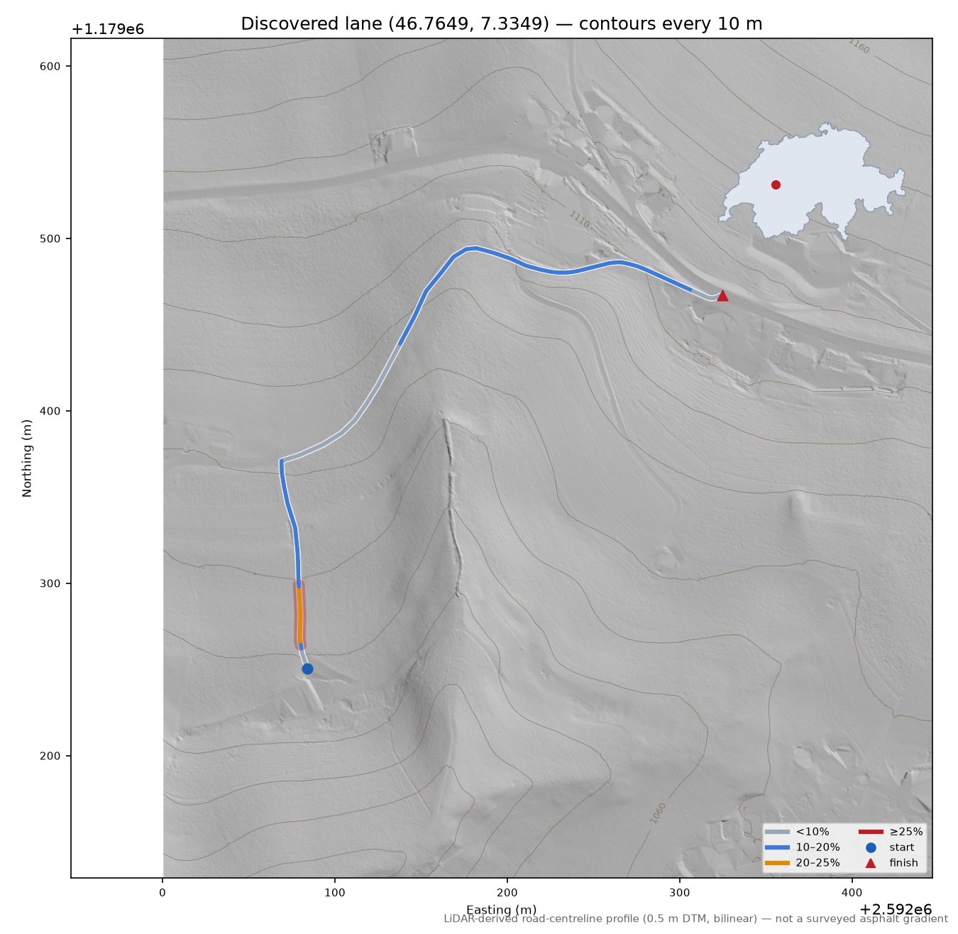 Discovered lane (46.7649, 7.3349) LiDAR hillshade map with contours