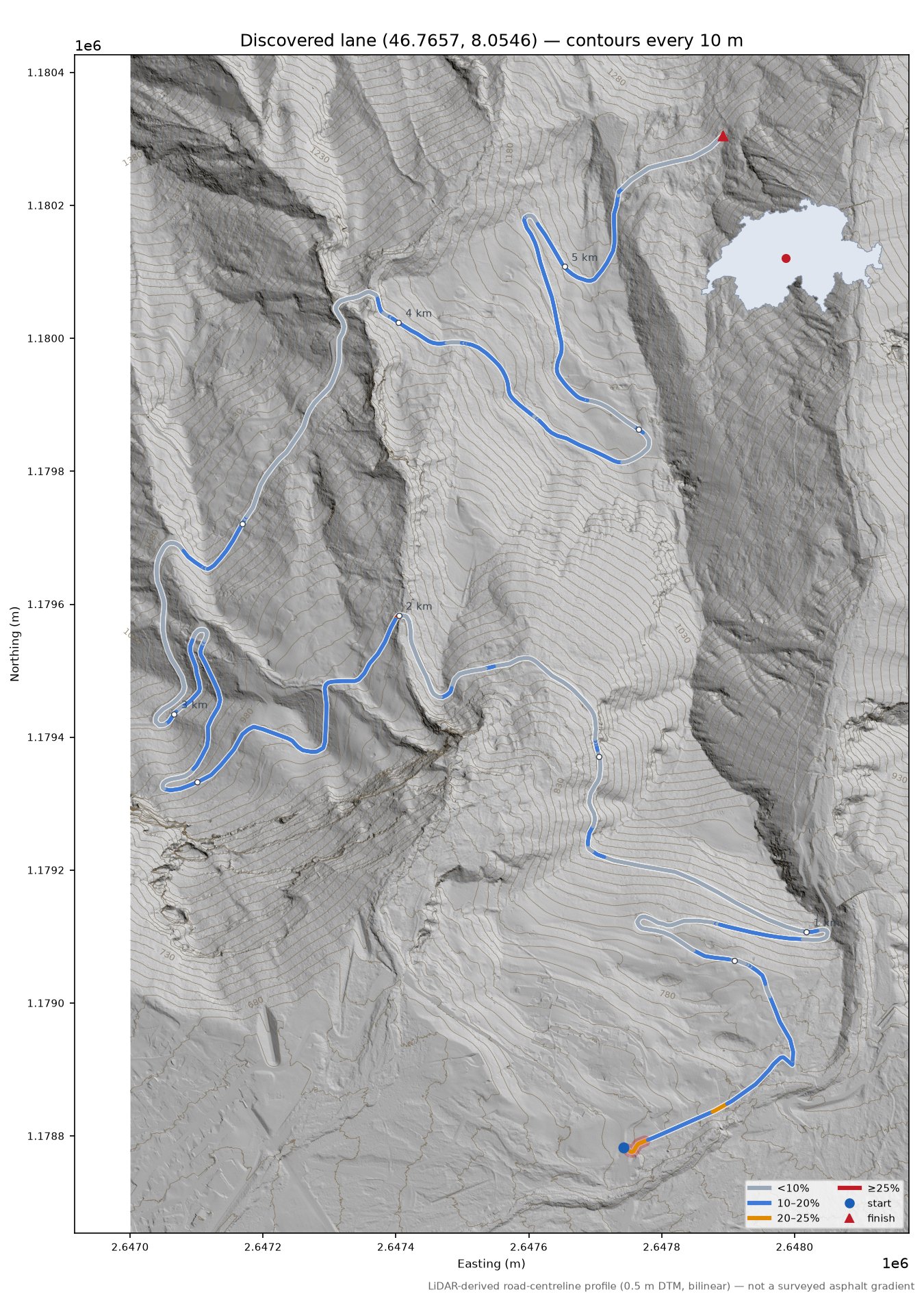 Discovered lane (46.7657, 8.0546) LiDAR hillshade map with contours