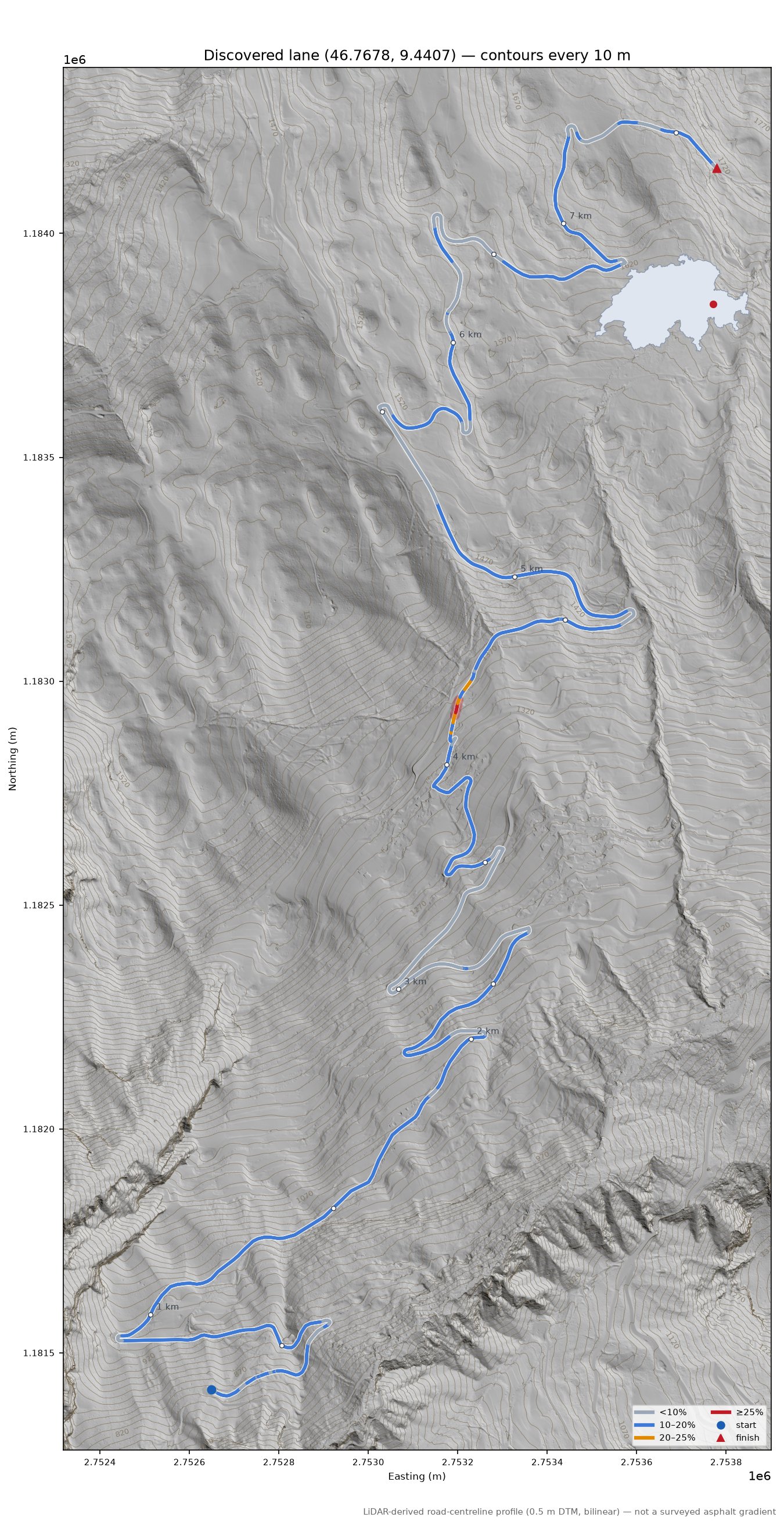 Discovered lane (46.7678, 9.4407) LiDAR hillshade map with contours