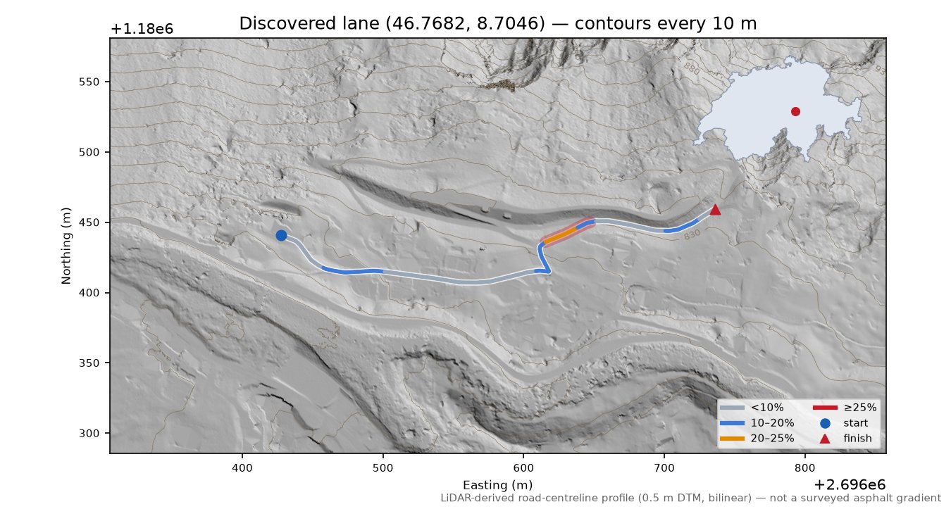 Discovered lane (46.7682, 8.7046) LiDAR hillshade map with contours