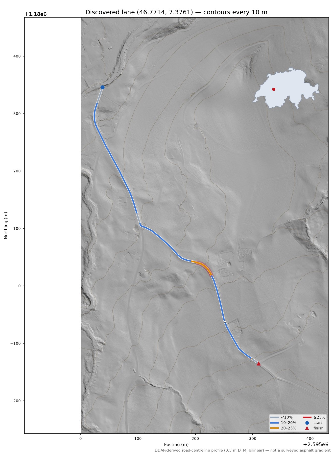 Discovered lane (46.7714, 7.3761) LiDAR hillshade map with contours