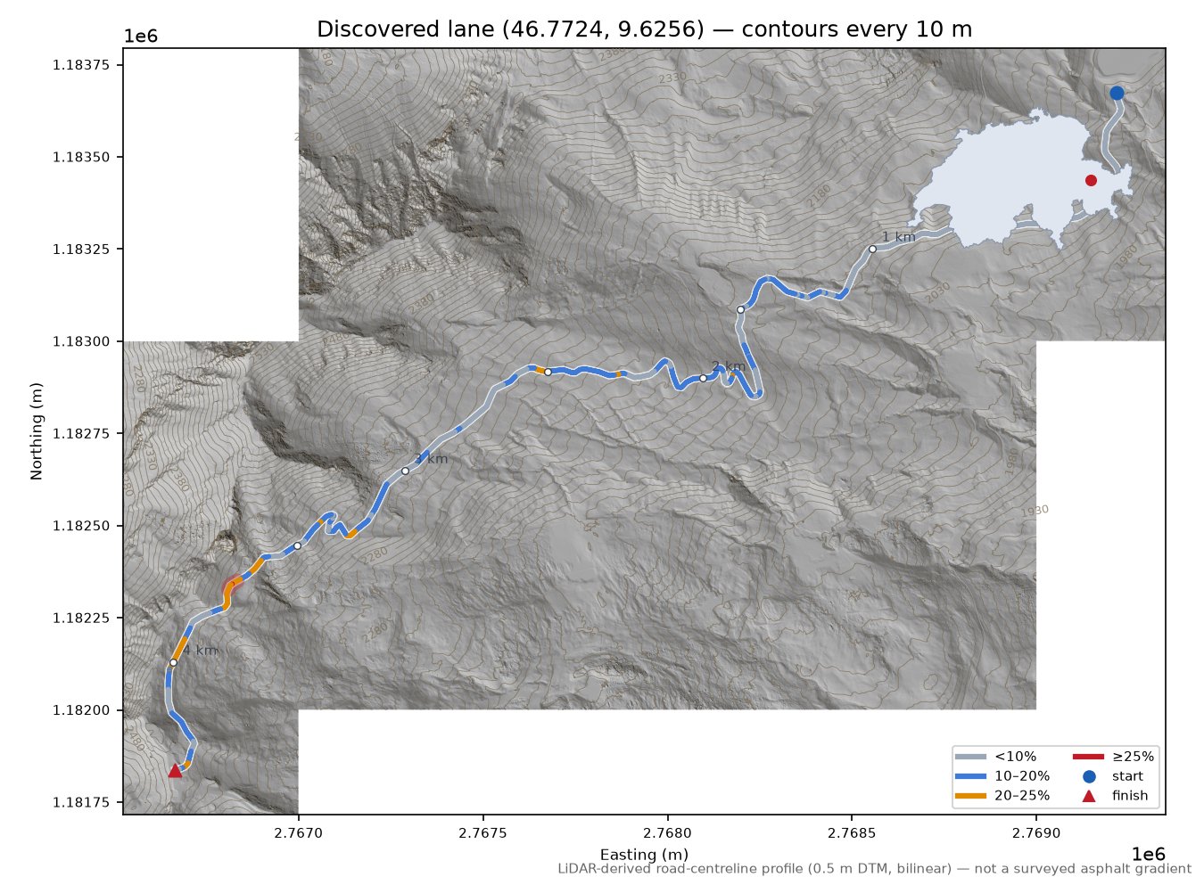 Discovered lane (46.7724, 9.6256) LiDAR hillshade map with contours