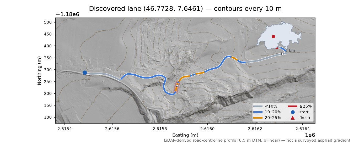 Discovered lane (46.7728, 7.6461) LiDAR hillshade map with contours