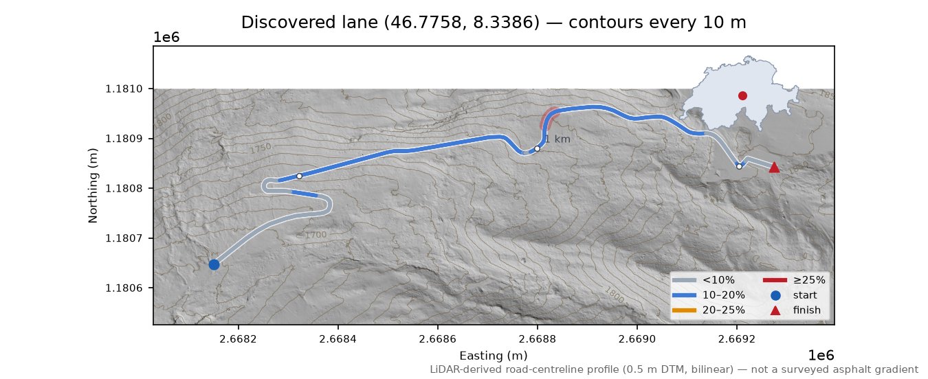 Discovered lane (46.7758, 8.3386) LiDAR hillshade map with contours