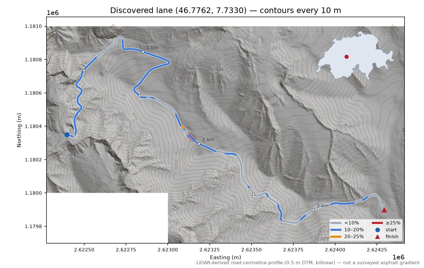 Discovered lane (46.7762, 7.7330) LiDAR hillshade map with contours