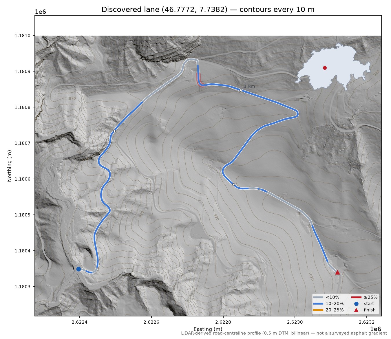 Discovered lane (46.7772, 7.7382) LiDAR hillshade map with contours