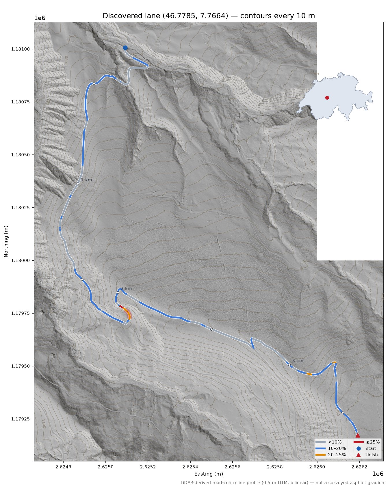 Discovered lane (46.7785, 7.7664) LiDAR hillshade map with contours