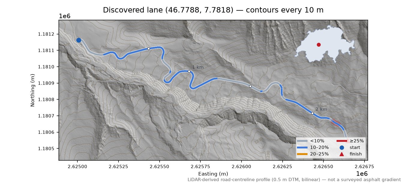 Discovered lane (46.7788, 7.7818) LiDAR hillshade map with contours
