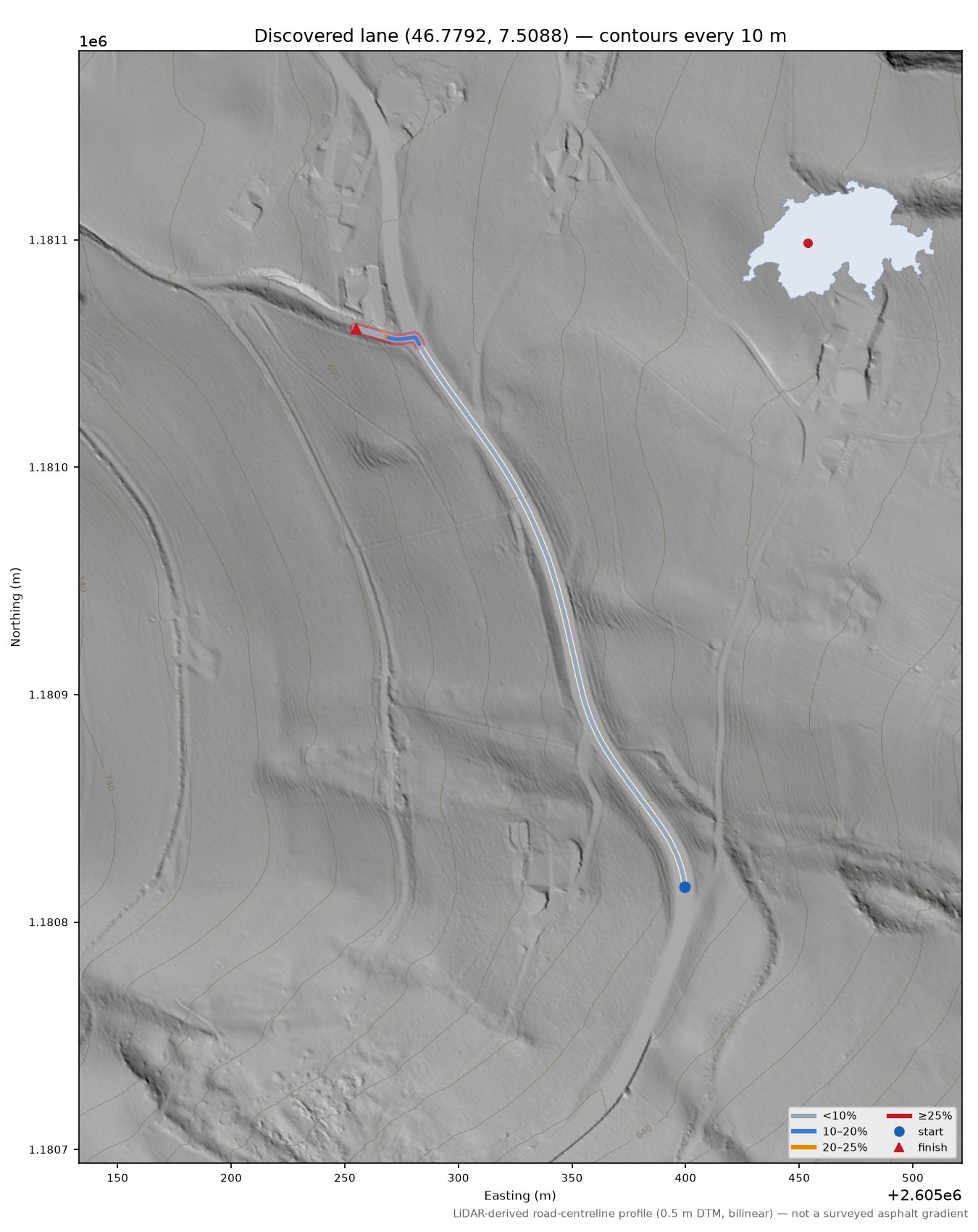 Discovered lane (46.7792, 7.5088) LiDAR hillshade map with contours