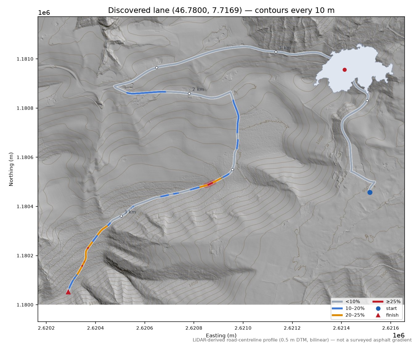 Discovered lane (46.7800, 7.7169) LiDAR hillshade map with contours