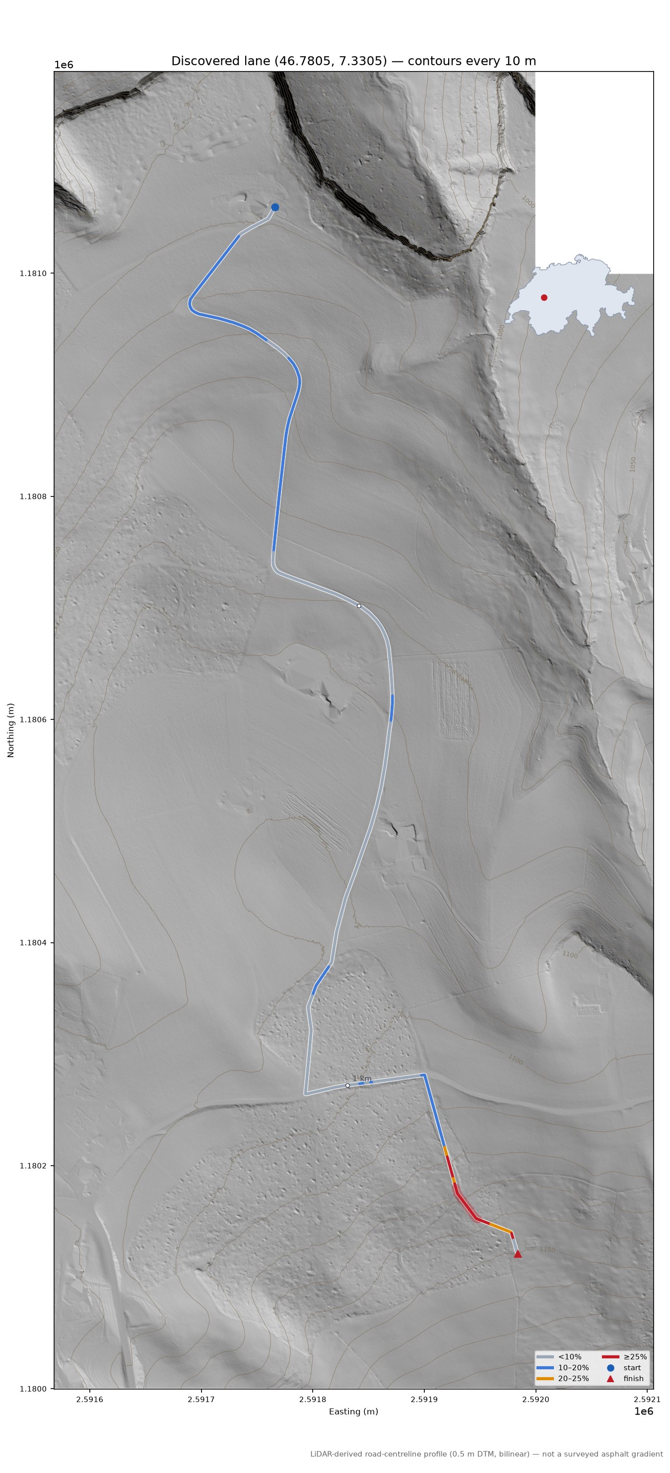 Discovered lane (46.7805, 7.3305) LiDAR hillshade map with contours