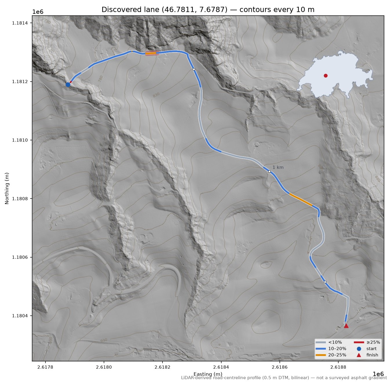 Discovered lane (46.7811, 7.6787) LiDAR hillshade map with contours