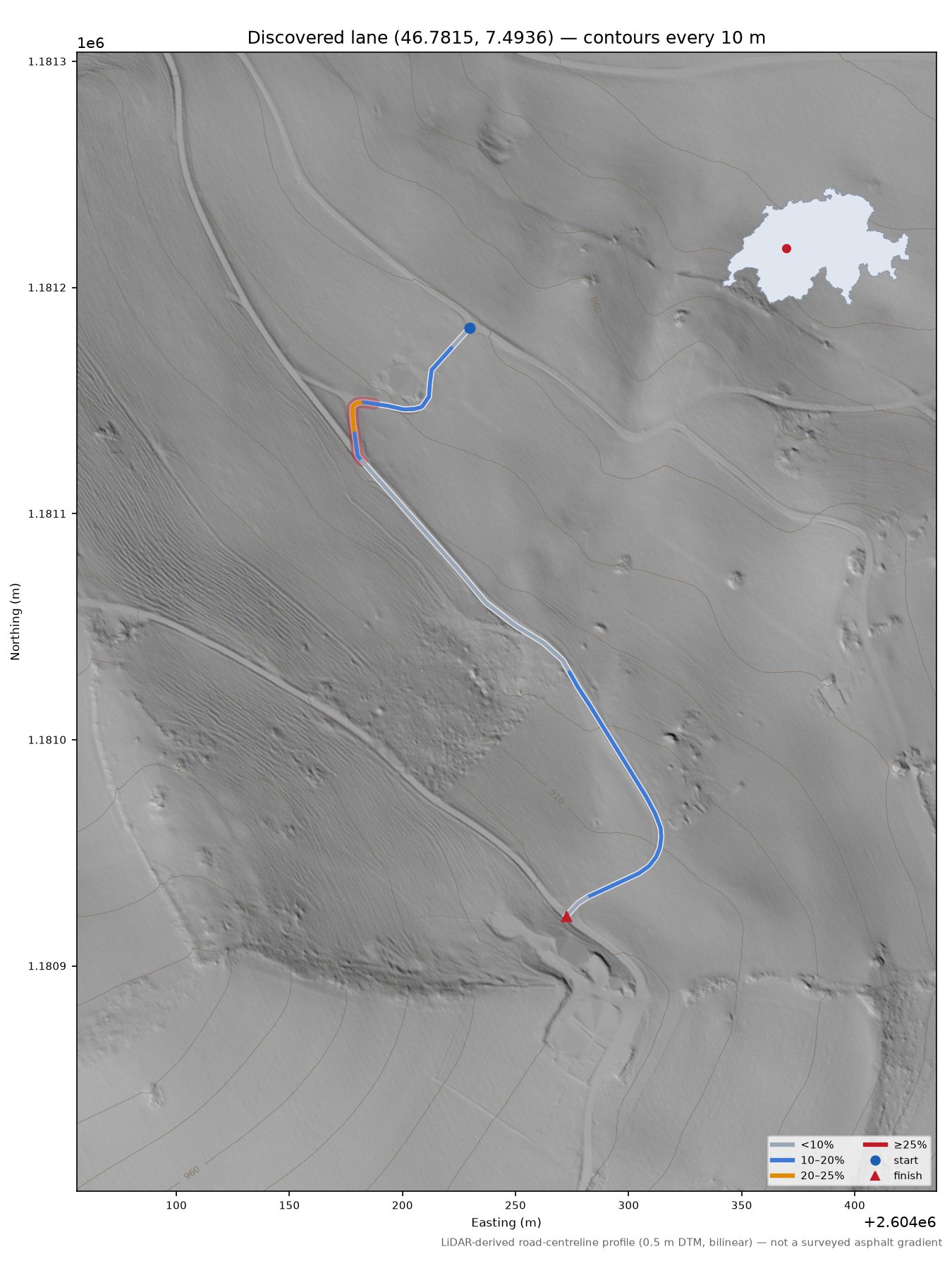 Discovered lane (46.7815, 7.4936) LiDAR hillshade map with contours