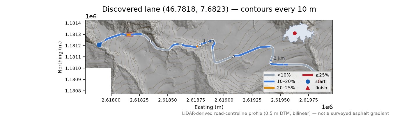 Discovered lane (46.7818, 7.6823) LiDAR hillshade map with contours