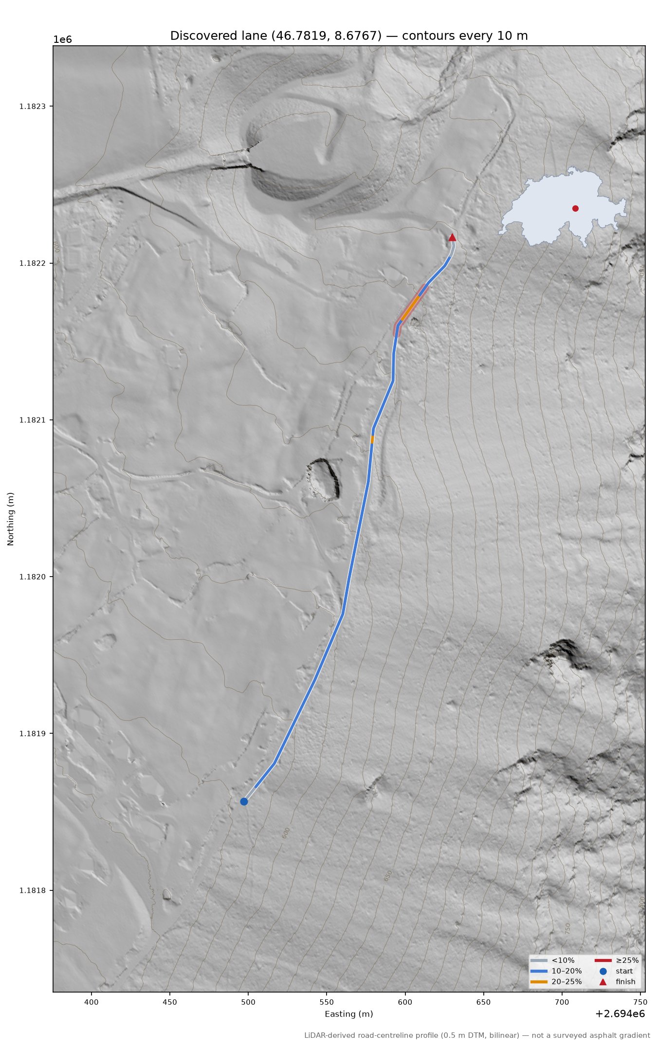 Discovered lane (46.7819, 8.6767) LiDAR hillshade map with contours