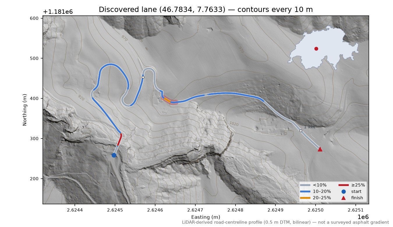 Discovered lane (46.7834, 7.7633) LiDAR hillshade map with contours