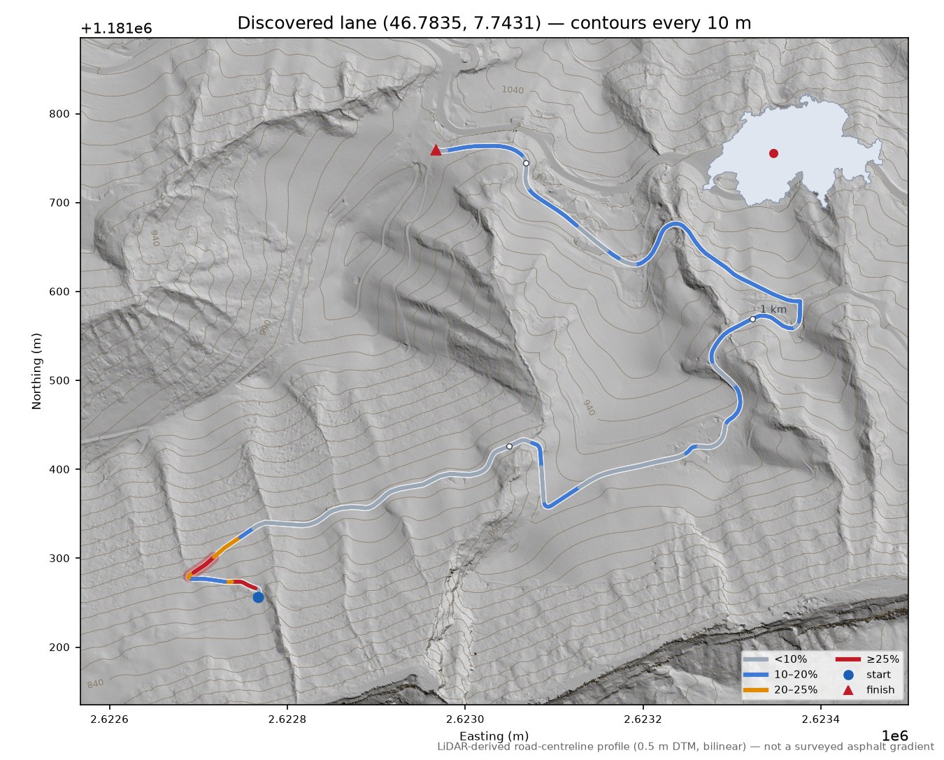 Discovered lane (46.7835, 7.7431) LiDAR hillshade map with contours