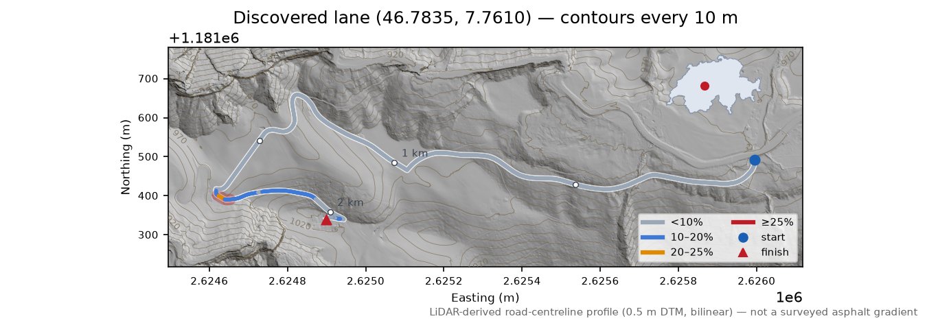 Discovered lane (46.7835, 7.7610) LiDAR hillshade map with contours