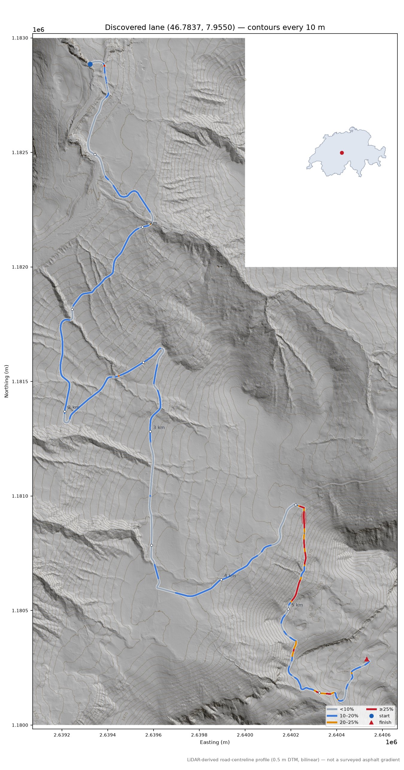 Discovered lane (46.7837, 7.9550) LiDAR hillshade map with contours