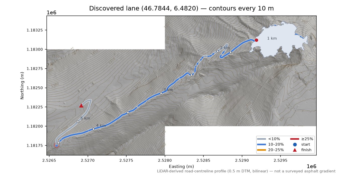 Discovered lane (46.7844, 6.4820) LiDAR hillshade map with contours