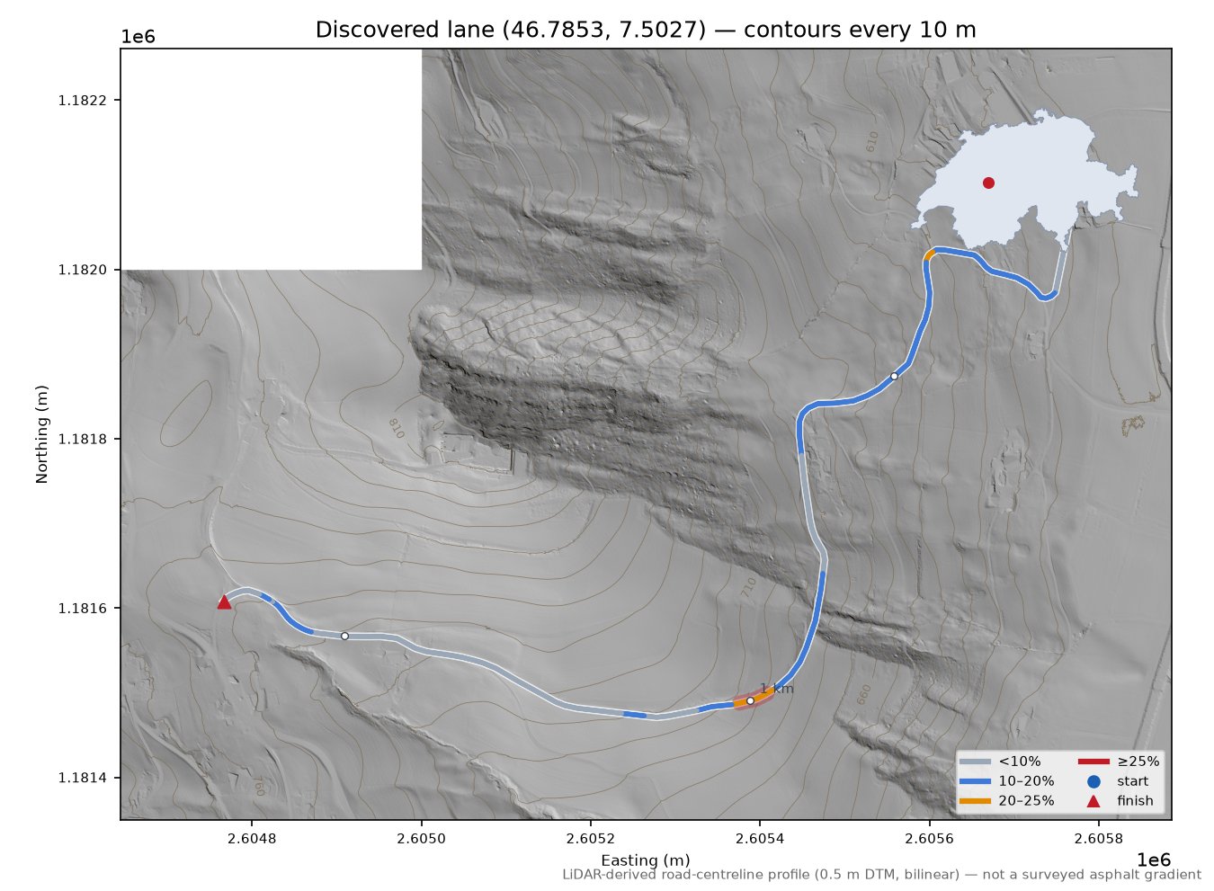 Discovered lane (46.7853, 7.5027) LiDAR hillshade map with contours