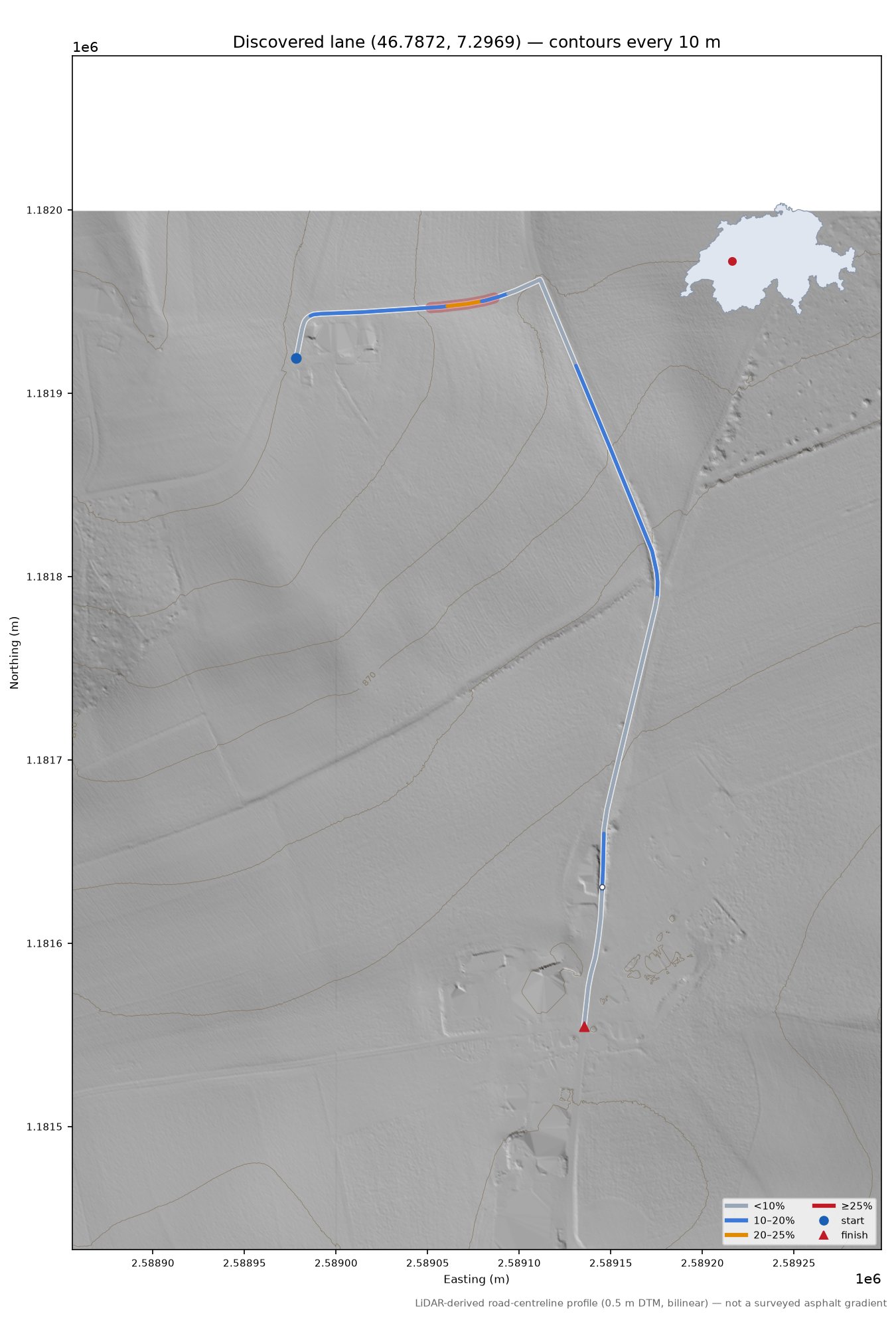 Discovered lane (46.7872, 7.2969) LiDAR hillshade map with contours