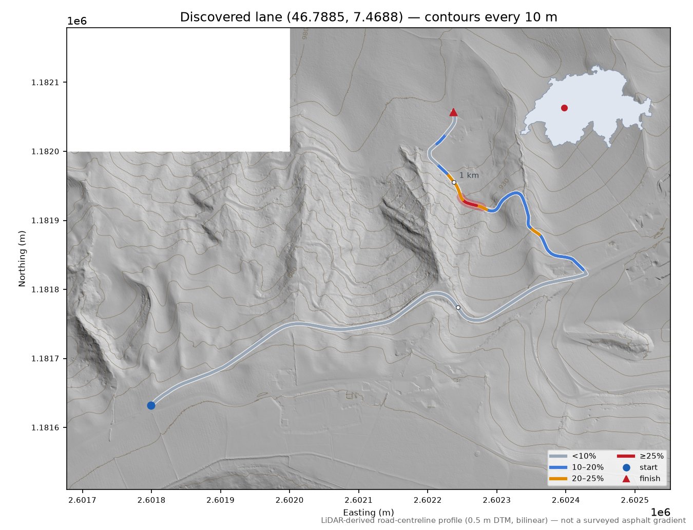 Discovered lane (46.7885, 7.4688) LiDAR hillshade map with contours