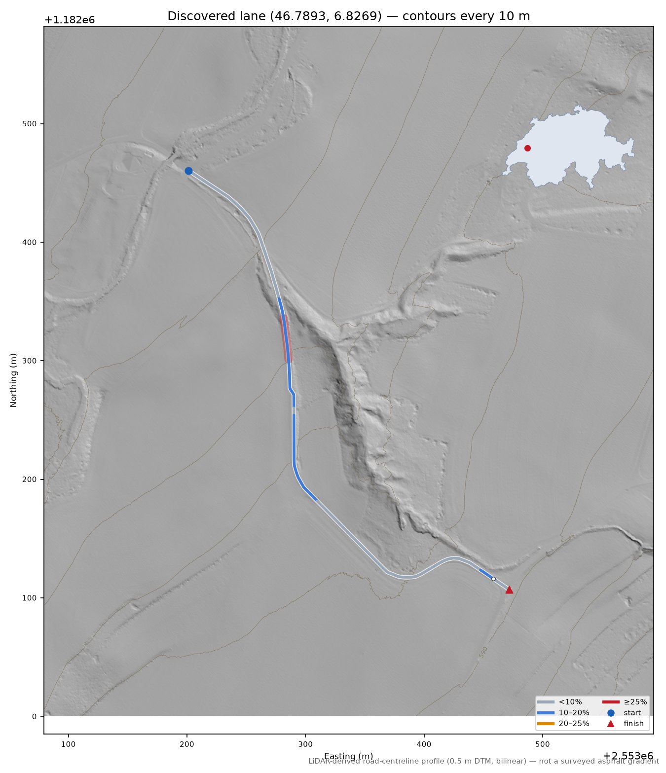 Discovered lane (46.7893, 6.8269) LiDAR hillshade map with contours