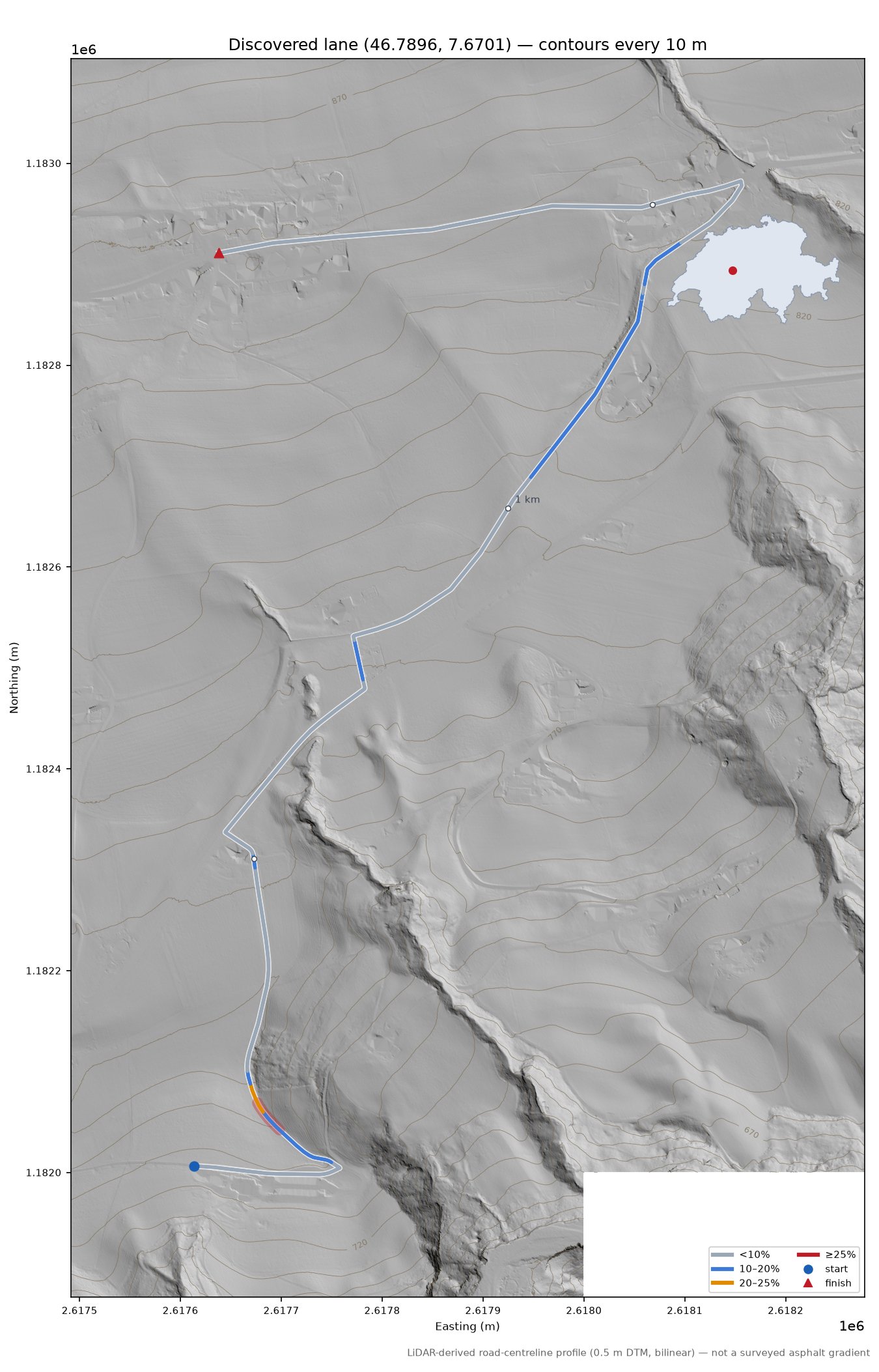 Discovered lane (46.7896, 7.6701) LiDAR hillshade map with contours