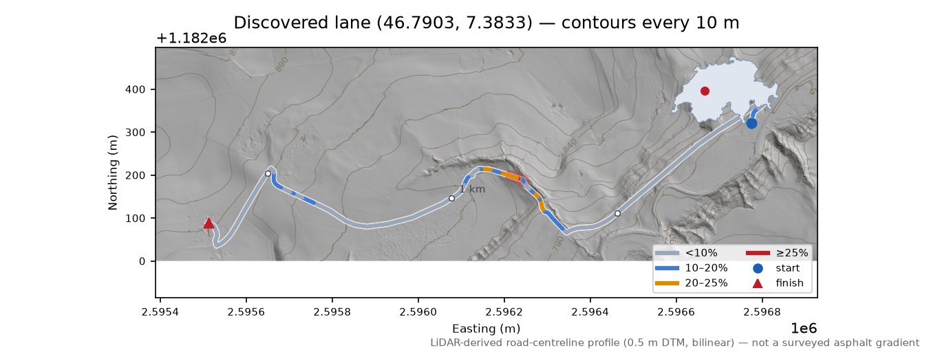 Discovered lane (46.7903, 7.3833) LiDAR hillshade map with contours