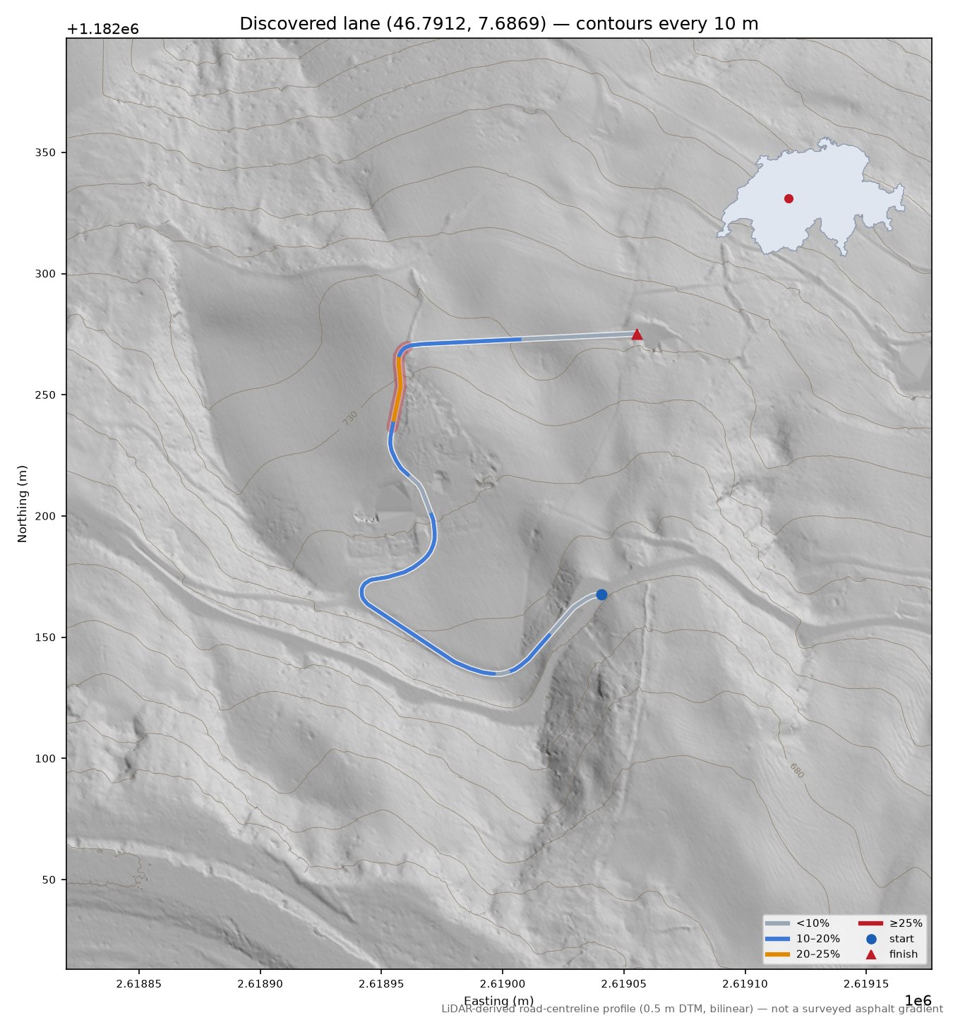 Discovered lane (46.7912, 7.6869) LiDAR hillshade map with contours