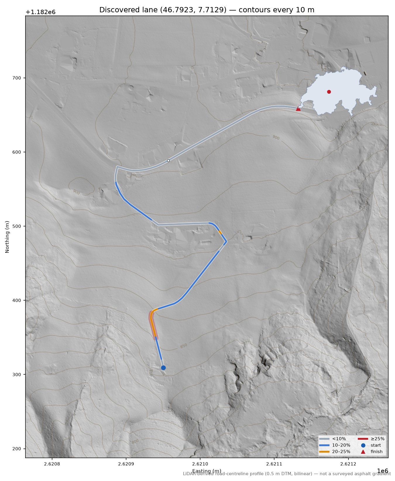 Discovered lane (46.7923, 7.7129) LiDAR hillshade map with contours