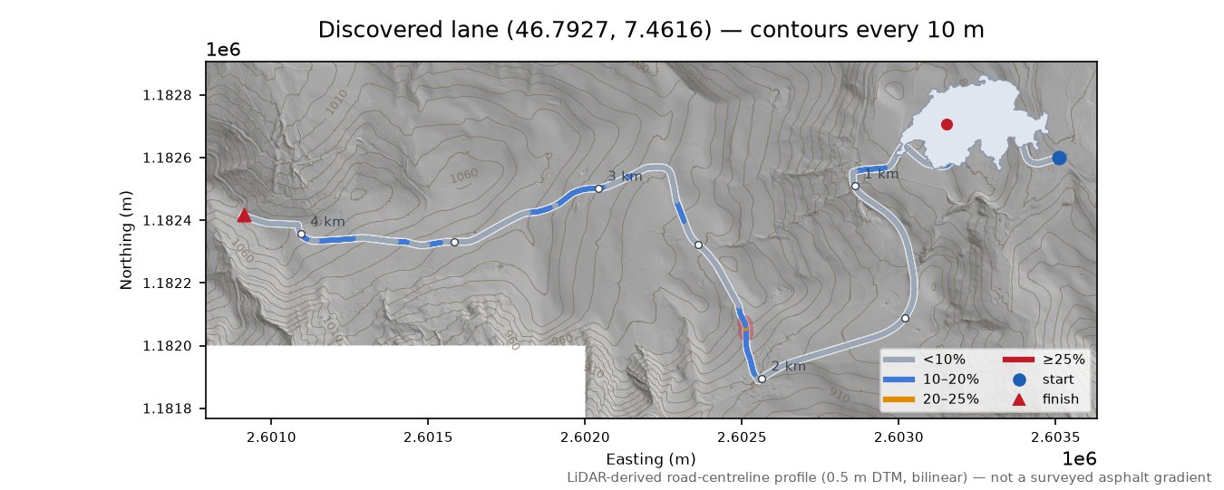 Discovered lane (46.7927, 7.4616) LiDAR hillshade map with contours