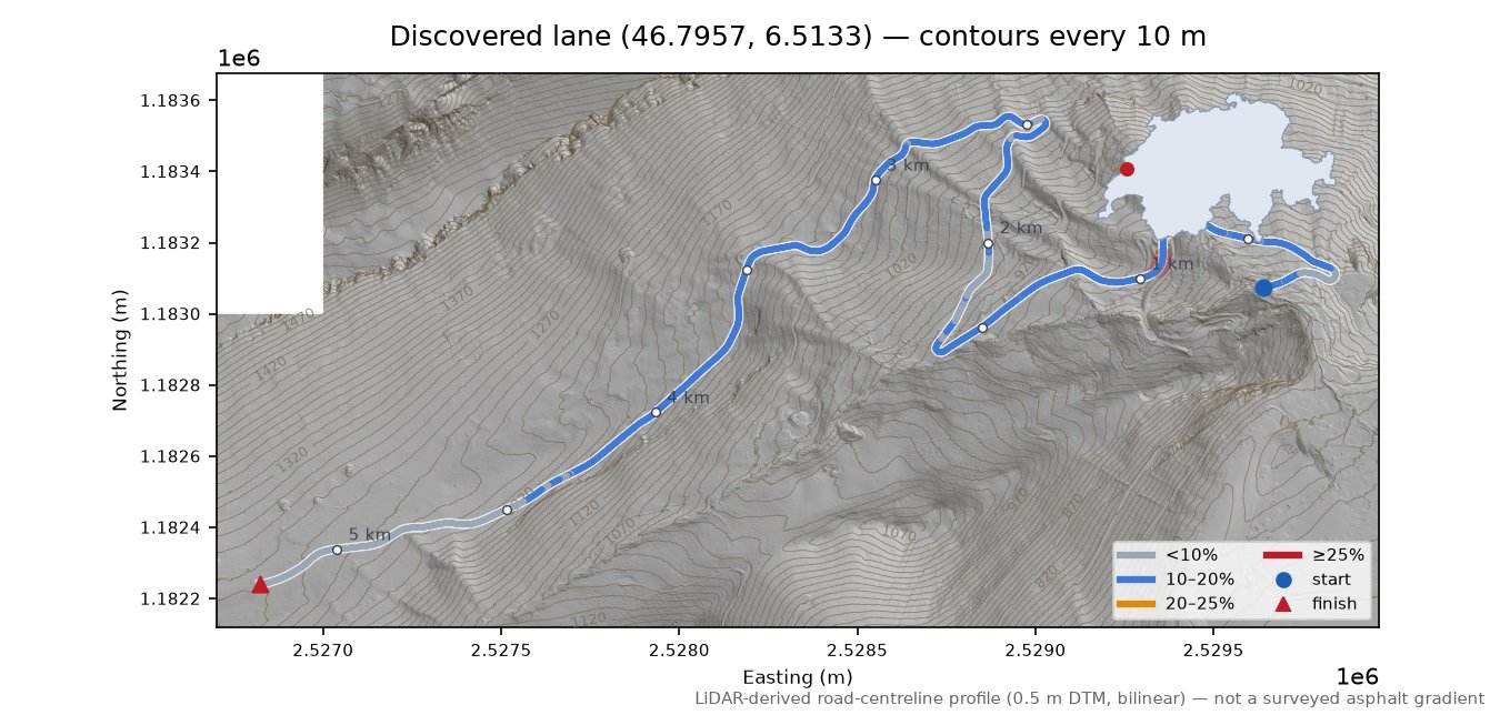 Discovered lane (46.7957, 6.5133) LiDAR hillshade map with contours