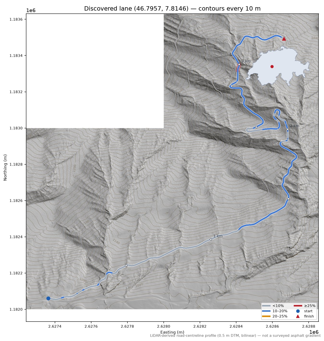 Discovered lane (46.7957, 7.8146) LiDAR hillshade map with contours