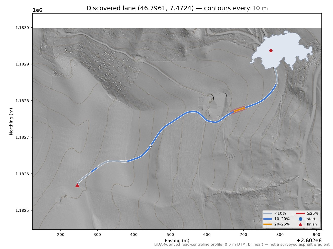 Discovered lane (46.7961, 7.4724) LiDAR hillshade map with contours