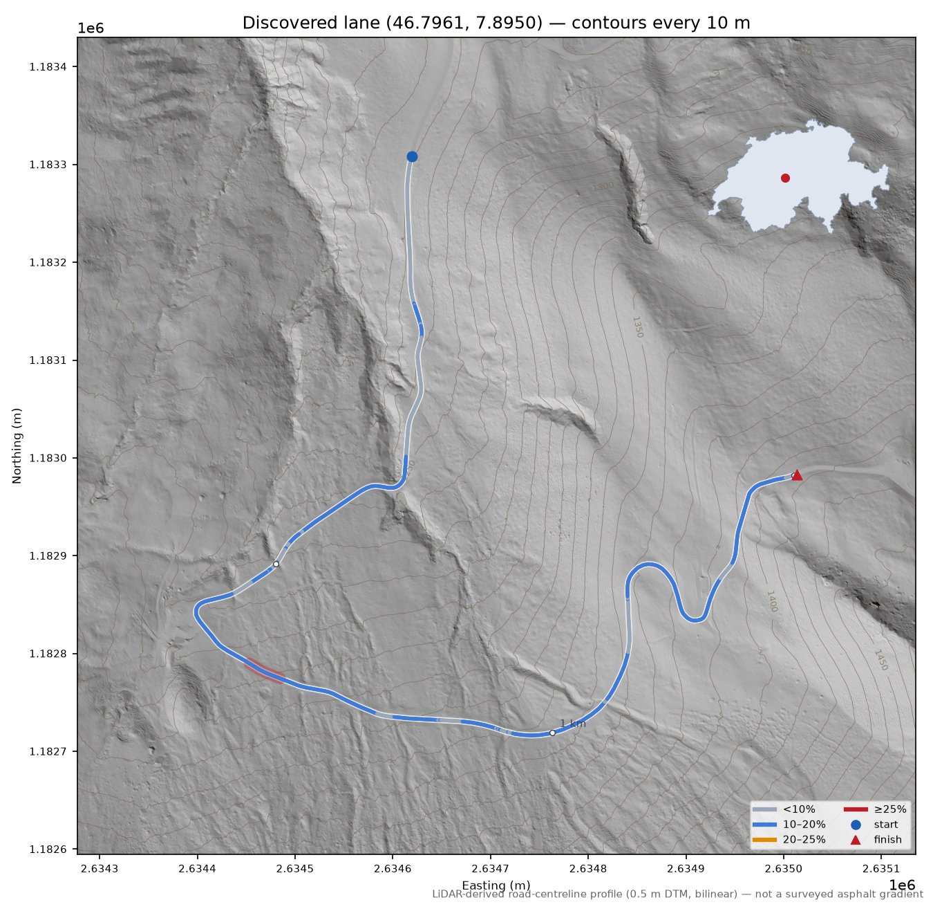 Discovered lane (46.7961, 7.8950) LiDAR hillshade map with contours