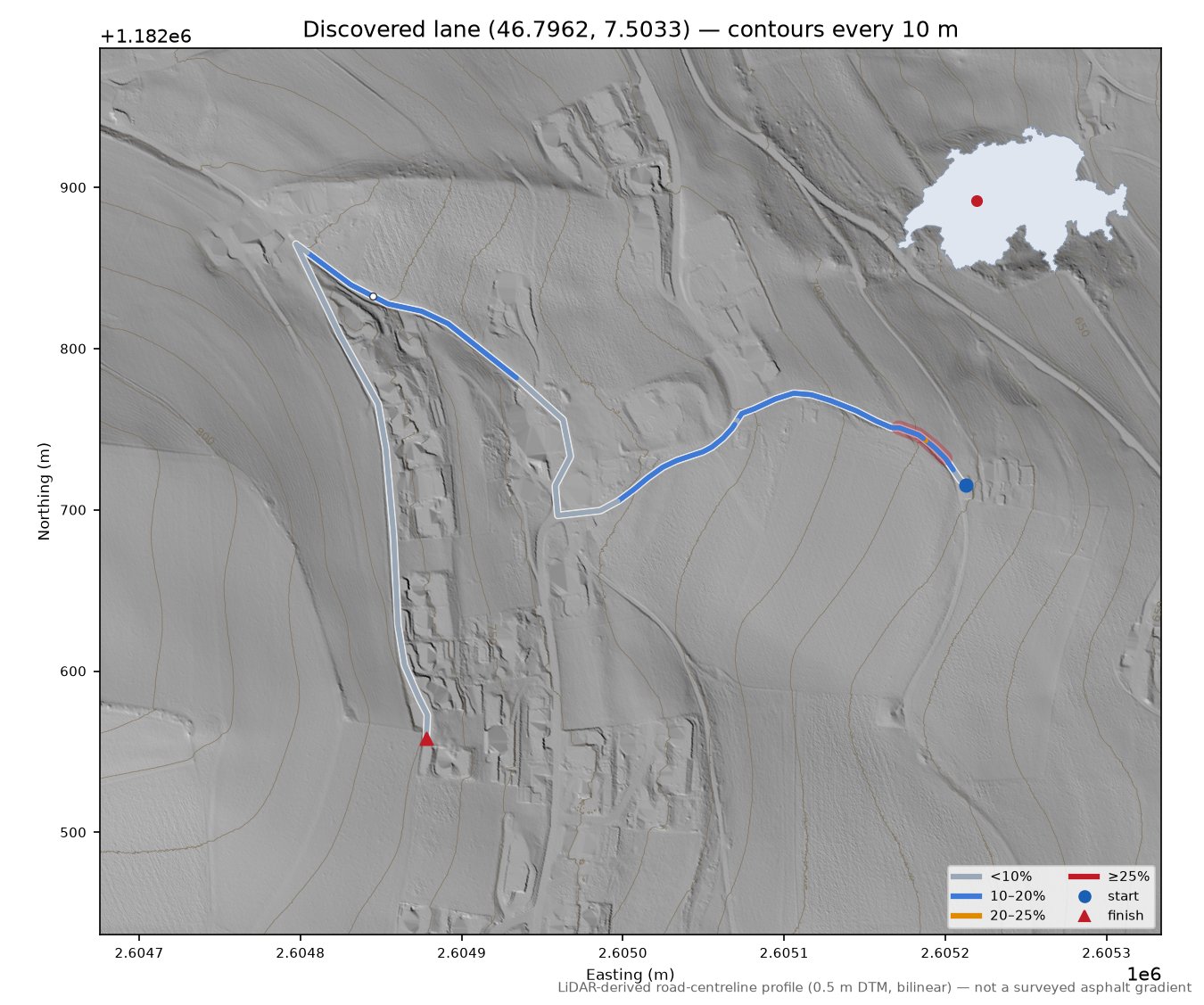 Discovered lane (46.7962, 7.5033) LiDAR hillshade map with contours