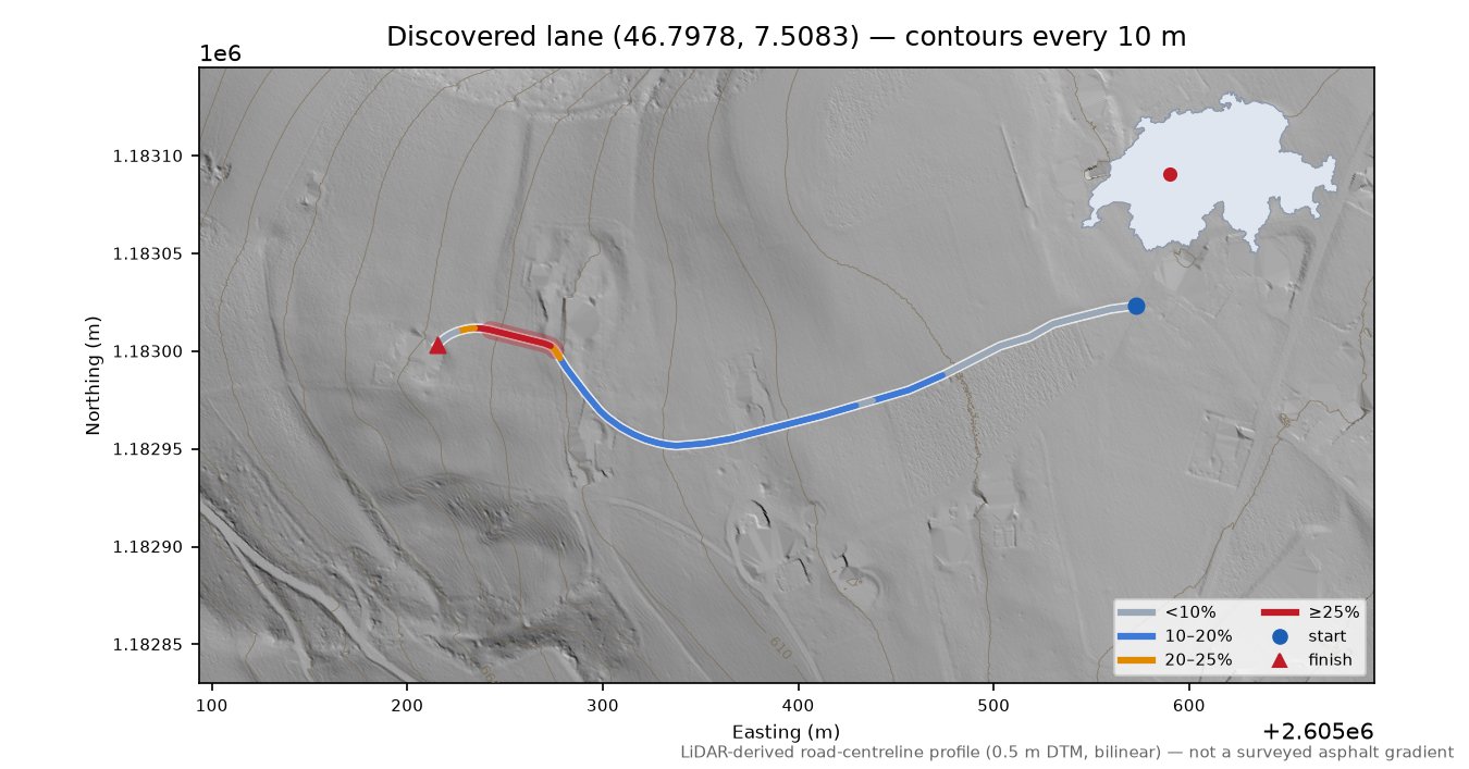 Discovered lane (46.7978, 7.5083) LiDAR hillshade map with contours