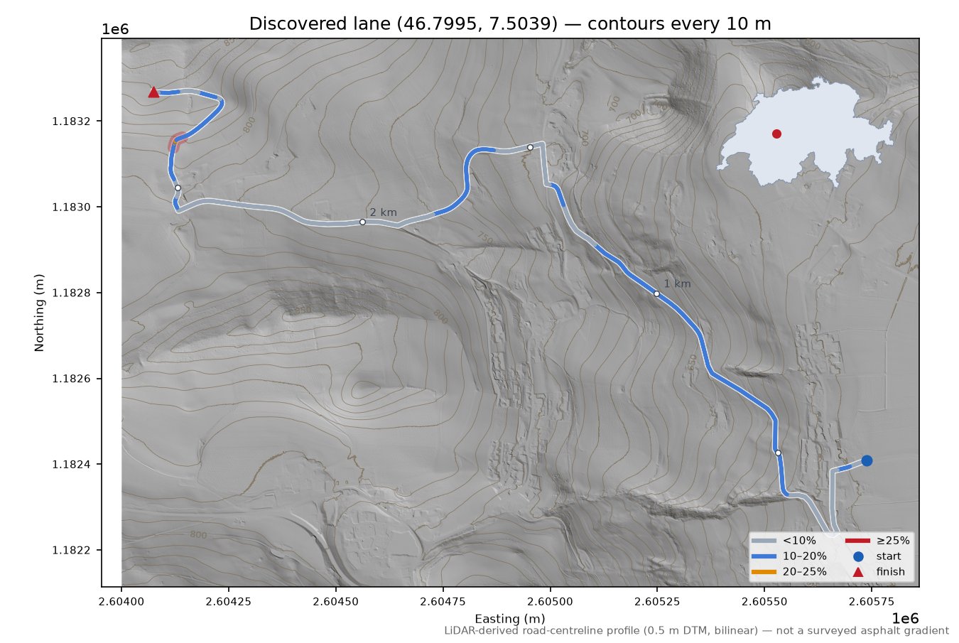Discovered lane (46.7995, 7.5039) LiDAR hillshade map with contours
