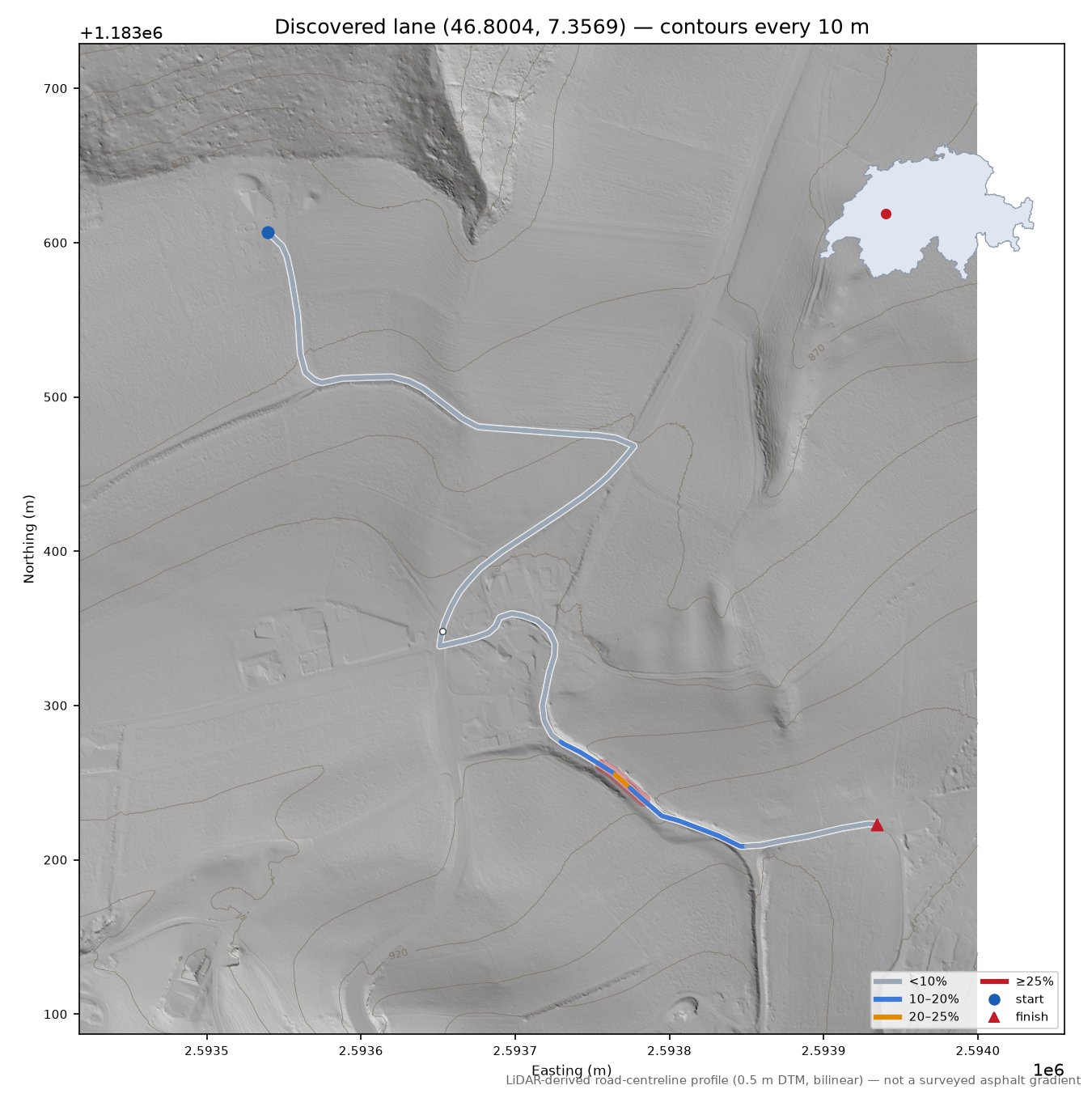 Discovered lane (46.8004, 7.3569) LiDAR hillshade map with contours
