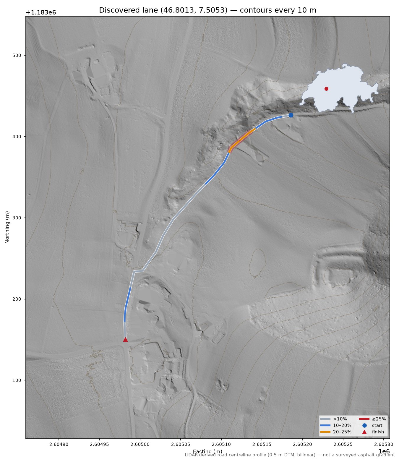 Discovered lane (46.8013, 7.5053) LiDAR hillshade map with contours