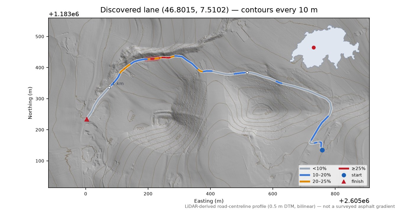 Discovered lane (46.8015, 7.5102) LiDAR hillshade map with contours