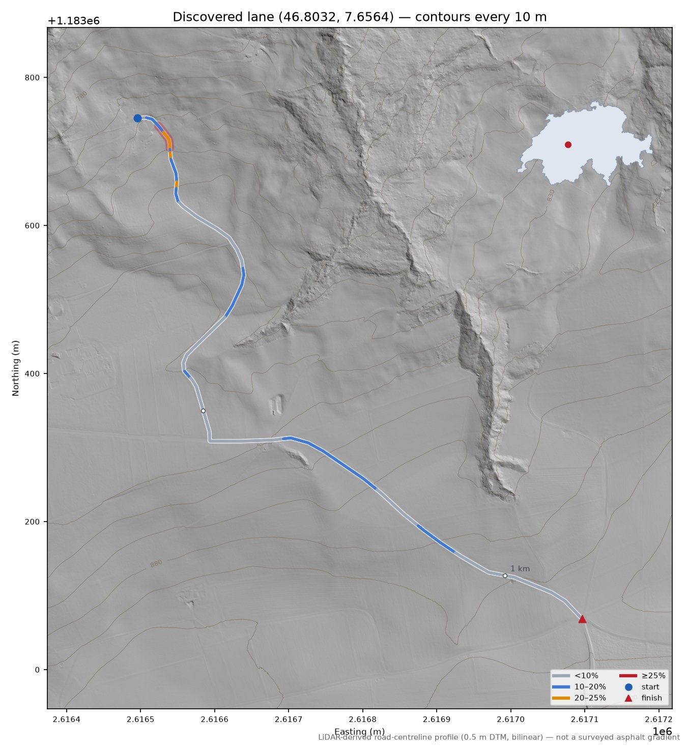 Discovered lane (46.8032, 7.6564) LiDAR hillshade map with contours