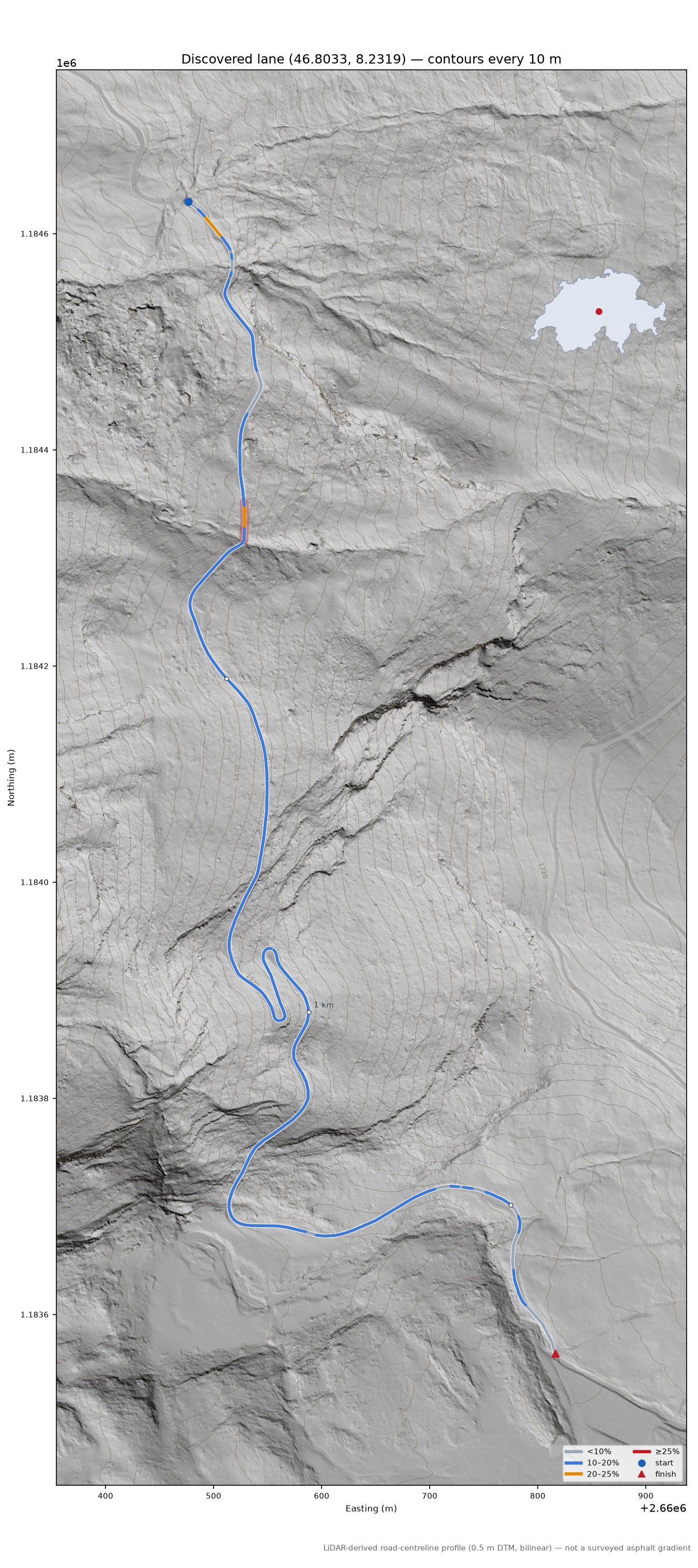 Discovered lane (46.8033, 8.2319) LiDAR hillshade map with contours